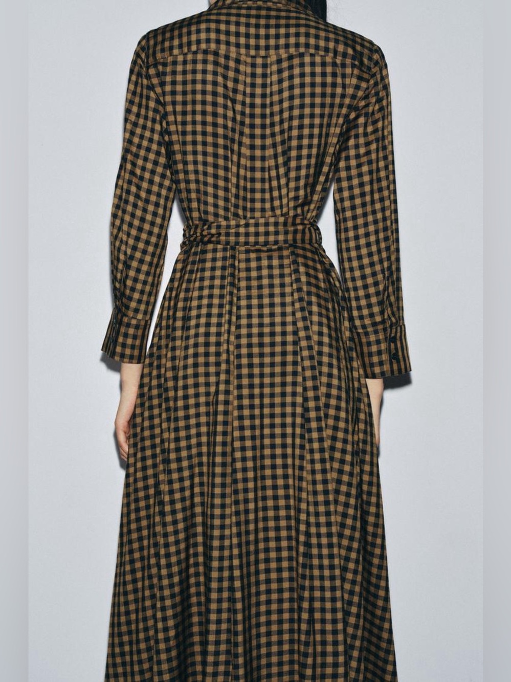 Zara Checkered Poplin Midi Shirt Dress Plaid Long Sleeves Caramel Navy Medium - Picture 3 of 16